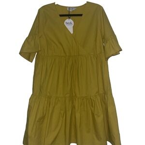 Molly Bracken NWT Short Sleeve Tiered Mini Dress Large Dark Yellow